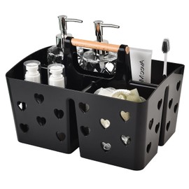 Black Portable Shower Caddy, Plastic Basket Organizer with Wooden Handle