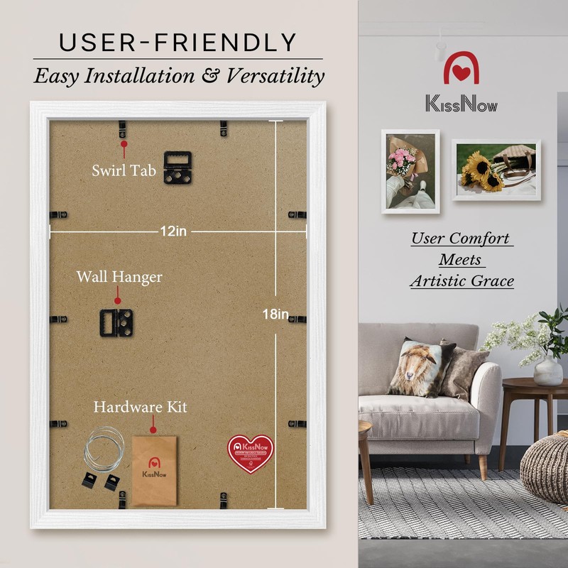 KissNow 12x18 Poster Frame 4 Pack, Textured White Solid Wood