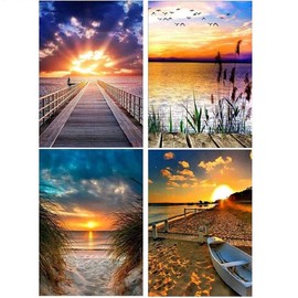 WHATWEARS Pack of 4 5D Diamond Painting Kits for Adults, DIY Diamond Painting Set, Full Drill Diamond Painting Set, Diamond Painting Pictures for Home Wall Decor (Sunset Beach)