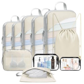 Qlfyuu 10-Piece Suitcase Organiser Set, Packing Cubes Compression for Backpack and Suitcase, Packing Cubes for Travel, Travel Essentials Suitcase Organiser, Packing Bags for Suitcases, Beige