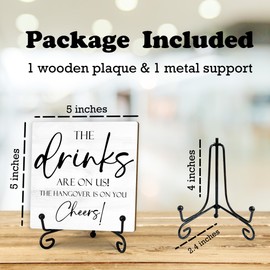 Bar Signs For Home Bar Bar Decorations For Home 5 Inches Bar Sign With Iron Support, The Drinks Are On Us! The Hangover Is On You Cheers! Bars And Pubs Decor, Bar Accessories(White) - D01
