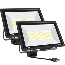 2 Pack 250W LED Flood Lights Outdoor, Super Bright Exterior Security Light with Plug, IP66 Waterproof Flood Light, 30000LM 6000K Daylight White Floodlight for Yard, Garden, Basketball Court, Arena