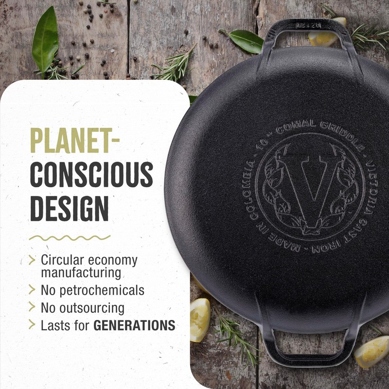 Victoria 10-Inch Cast Iron Comal Pizza Pan with 2 Side