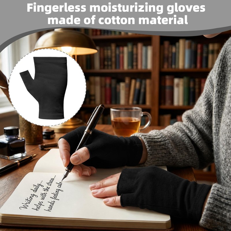 6Pcs Black Cotton Fingerless Gloves, Reusable Eczema Gloves, Moisturizing Gloves