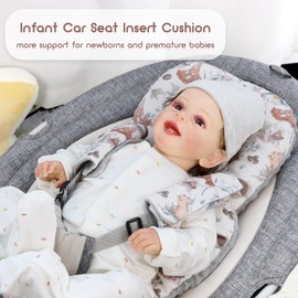 Infant Car Seat Insert Cushion, Super Soft Baby Car Seat Head Support & 2 Straps Pads, Reversible Preemie Newborn Carseat Insert, Fit Car Seat, Stroller, Infant Bouncer, Gray Animals