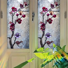 Starlit Patio Oriental Plum Blossom Window Film Artistic Floral Static Cling Privacy Glass Sticker No Glue Frosted Decorative Window Decal for Tea Room Entryway Study Doors 17.7x39.3 inch