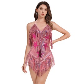 Sequin Sparkle Stars Fringes Bodysuit Concert Rave Outfit for Women Music Festival Outfits Dance Halter Tassel Fringe Romper, Pink, Medium