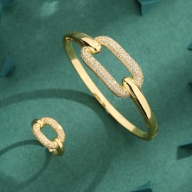 A set of luxury jewelry Europe and the United States cubic zirconia copper plated 18k real gold geometric square inlaid with zircon design light luxury temperament all-match ring bracelet set gift for women