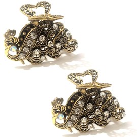 Luxxii - (2 Pack) 2" Mini Vintage Metal Crystal Rhinestone Hair Jaw Claw Clip (Gold Tone_C)