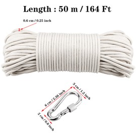 MANCHAP 50M 6mm White Cotton Clothesline Rope, 164 Ft x 1/4 Inch Soft Clothesline Cord with 2 Snap Hooks, Twisted Cotton Macrame Rope for Crafts, Clothes Hanging