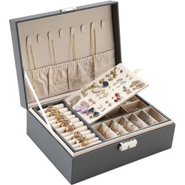 Caja de joyería de Cuero con Cerradura, Organizador de joyas para Mujer 2 Capas Organizador Estuche Joyero de Viaje caja de almacenamiento de joyas para Pendientes Anillos Collares