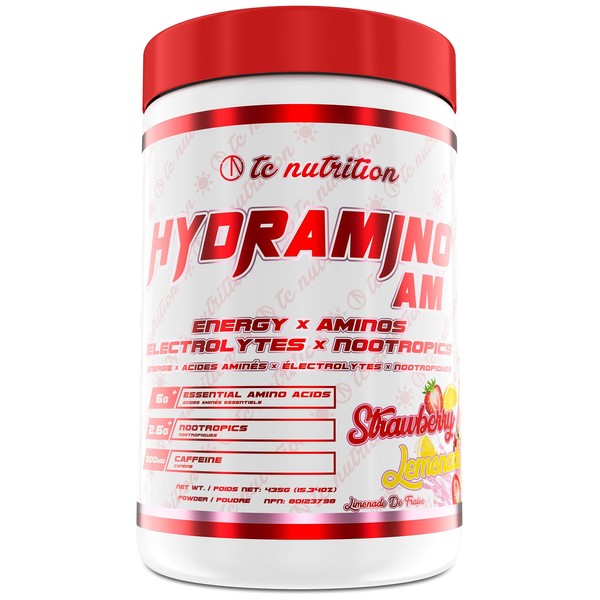 Hydramino AM - EAA + BCAA Amino Energy Powder - Essential Amino Acids with Caffeine, Nootropics, & Electrolytes | Focus, Endless Energy, Hydration, & Muscle Recovery | Alpha-GPC, Tyrosine, Lutein, Lion’s Mane, More | Strawberry Lemonade, 30 servings