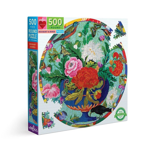 eeBoo: Piece and Love Bouquet and Birds 500 Piece Adult Round Jigsaw Puzzle, Jigsaw Puzzle for Adults and Families, Includes Glossy and Sturdy Pieces