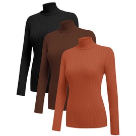 Ekouaer Women 3 Pack Turtleneck Shirts Ribbed Thermal Underwear Tops Lightweight Long Sleeve Layer Tees Basic Pullover Blouse M (Black + Brown + Caramel)