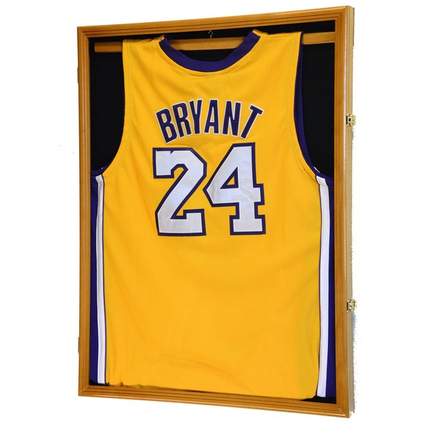 Basketball Jersey Display Case Cabinet 98% UV Lockable, Oak Finish