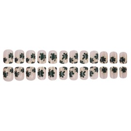 St. Patrick's Press on Nails Square Short Fake Nails with Glitter Shamrock Designs Nude Nails Press ons Glossy Glue on Nails Green Acrylic Nails Cute False Nails Stick on Nails for Women 24Pcs