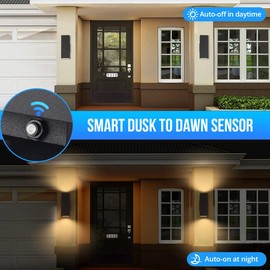 wowlite Outdoor Wall Lights Dusk to Dawn Sensor, 2700K Warm LED Up Down Sconce, IP65 Waterproof 13" Modern Square Matte Black Exterior Light Fixture Wall Mount for Porch Patio Garage, ETL Listed