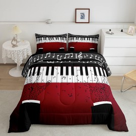 Erosebridal Music Notes Comforter Set for Kids Boys Teens Men Piano Keys Down Comforter Queen Size Rock Musical Bedding Set Play Piano Duvet Sets Music Bedroom Decor with 2 Pillow Cases Red Black