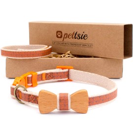 Pettsie Cat Collar with Safety Clasp and Bow Tie Made of High-Quality Beech Wood, Friendship Bracelet for Her, Strong Cotton, Adjustable Size 20.3-28 cm, Orange