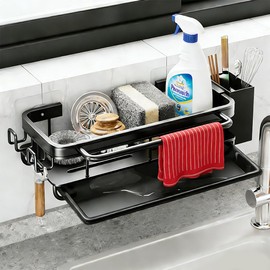 CEWROM Kitchen Sink Organiser, Sponge Holder with Drain Pan, Space-Saving Draining Rack, Metals Hanging Kitchen Organiser Bathroom - No Drilling, for Kitchen & Bathroom, Black
