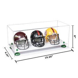 Better Display Cases Acrylic Three Mini - Miniature Football Helmets (not Full Size) Display Case with Clear Case, Green Risers and White Base 19.25" x 8.25" x 8" (V47/A103)