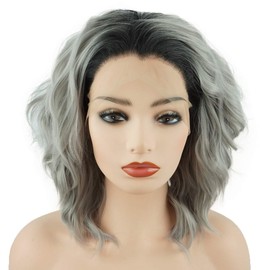 Meiyite Hair Curly Short 14inch Dark Root Grey Ombre Half Hand Tied Heavy Density Realistic Synthetic Lace Front Wigs