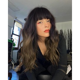 LEMEIZ LANOVA-180 Ombre Brown Wig with Bangs, Synthetic Wigs Brown Hair Wavy Wig, Fringe, Glueless Afro Wig 22 Inch