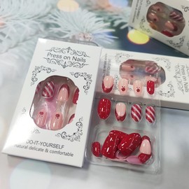 24Pcs Cute Christmas Deer Press on Nails Sparkly Red French Tips Acrylic Fake Medium Oval Nails Snowflake Stick on Nails Glossy Curve Line False Nails Xmas Elk Gel Glue on Nail for New Year Gift Women