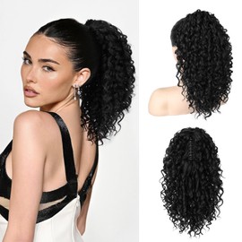REECHO Curly Ponytail Extension for Women – Short 14" Claw Clip Ponytail Hair Extension Synthetic Pony Tails Hair Extension for Daily Wear Cosplay, Natural Black