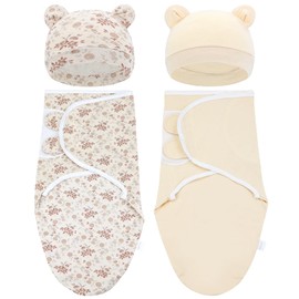 Cinaci 2 Pack Adjustable Soft Cotton Blend Newborn Baby Receiving Swaddle Blankets Sleep Sacks with Nursery Hats Caps Beanies Bonnets for Baby Girls Boys Newborns Infants