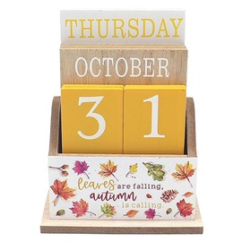 Wooden Calendar Block Perpetual Desk Office Weight Autumn Fall Theme Leaf Nature