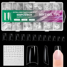 BUTBU Nail Tips, 600PCS Soft Gel Half Cover Nail-Tip, Press on Fase Artificial Nails Tips, Clear Acrylic Nails Tips, 12 Sizes NAIL Extensions Kit for DIY Manicure Nail Art Salon (Medium French)