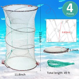 4 Pack Fishing Bait Trap Crab Trap Minnow Trap Crawfish Trap Lobster Trap Crayfish Shrimp Trap Net Portable Collapsible Fishing Traps with 49 Ft Rope Folded Fishing Accessories, 12 x 24 Inch (White)