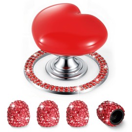 Halomyyth Car Engine Start Button Cover with Crystal Rhinestone Ring and Tire Valve Caps, Push Start Decorative Accessories red