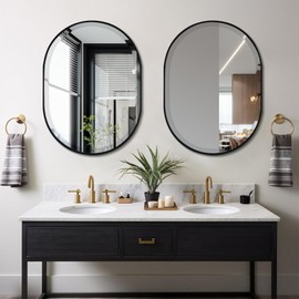 POZINO Black Oval Mirror, Beveled Scalloped Mirror, 22"x30" Modern Rounded Rectangle Mirrors for Bathroom, Oblong Vanity Wall Mirrors in Premium Stainless Steel Frame Hangs Horizontal Or Vertical