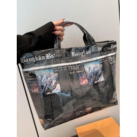 25 Fall&Winter Fashion Tote Bag, Large Capacity Handbag for Women, Casual Trendy Versatile High-quality Daily Commuting Bag, Girl Fashionable Shopping Bag:_Black newspaper_one-size