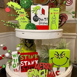 6Pcs Grinch Tiered Tray Decor Set Farmhouse Grinch Wood Sign Decor Green Christmas Tree Grinch Wood Signs Tiered Tray Decoration,Funny Christmas Indoor Ornaments