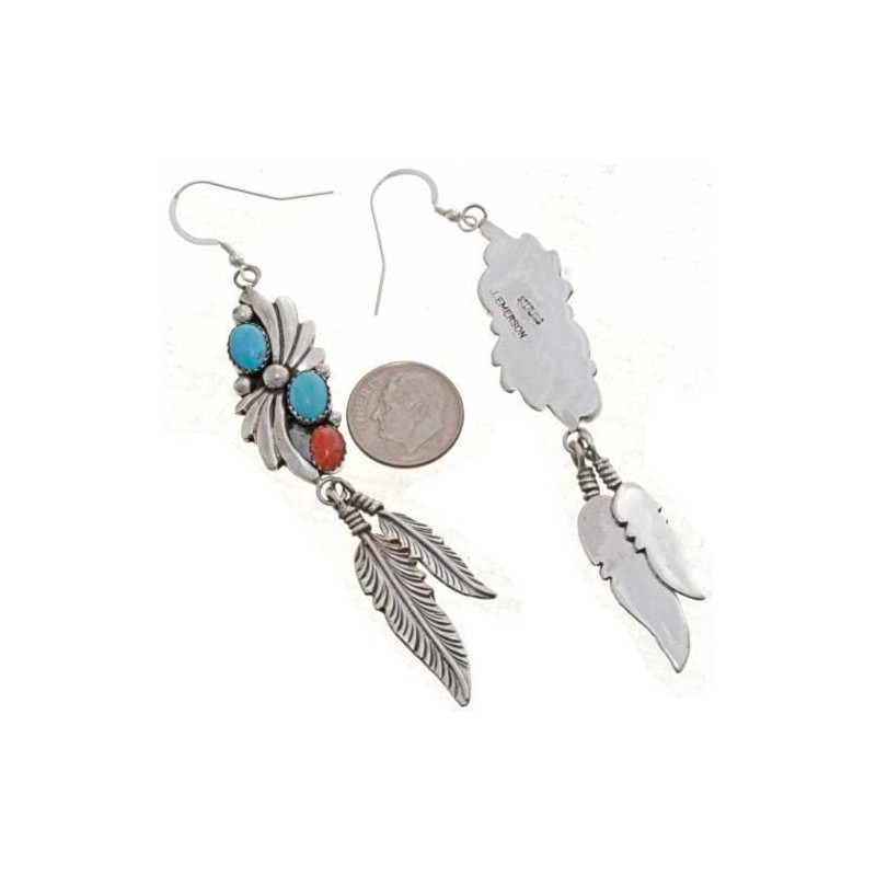 Navajo Turquoise Coral Drop Earrings Sterling Feathers French Hook Dangles