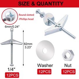 Bemaka 48Pcs 1/4 Inch Toggle Bolts, Butterfly Anchors Heavy Duty Drywall Anchors and Screws Kit, Toggle Bolts and Wing Nut Kit with Nuts Washers for Hollow Wall, Ceiling (12 Sets)