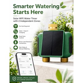 MOES Solar WiFi Hose Timer, 2-Zone Sprinkler Water Timer, Brass Fittings