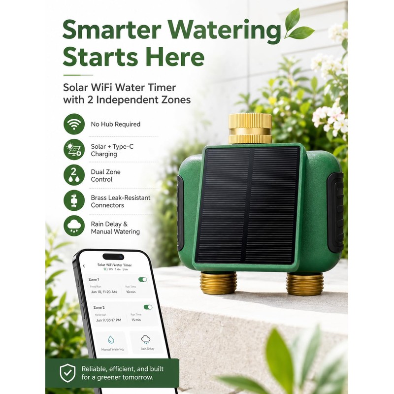 MOES Solar WiFi Hose Timer, 2-Zone Sprinkler Water Timer, Brass