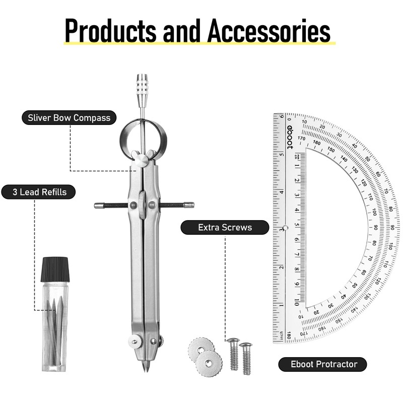 EBOOT Student Geometry Math Set, Metal Drawing Compass and 6