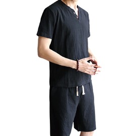 Three Joy Comfortable Even On Hot Days! Men's 2-Piece Loungewear Set, 6 Colors, Short Sleeves, Simple, Loungewear, Pajamas, M-XL, Black