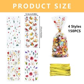 150Pcs Bekecidi Clear Cellophane Flower Candy Bags, Transparent Plastic Cookie Packaging with 4 Beautiful Designs and 150 Ties for Party, Birthday, Baby Shower, Tea Party Gift Wrapping Supplies