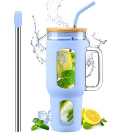 WINSA Glass Tumbler with Lid and Straw, 46 oz Iced Coffee Cup with Handle, Large Water Bottles with Silicone Sleeve, Glass Cup with Straws - Pearl Straw & Drinking Straw BPA Free-Glacier