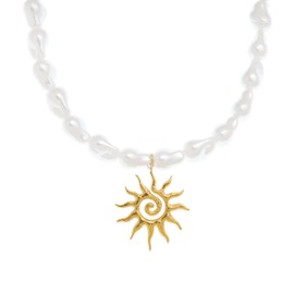 Sonateomber Dainty Gold Pearl Sun Pendant Necklace for Women, Trendy 14K Gold Plated Adjustable Dangle Summer Choker Necklaces Prom Wedding Fashion Jewelry Gift