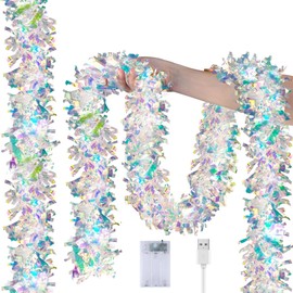 Christmas Tinsel Garland with Lights Iridescent Metallic Foil Garland 16.4FT USB & Battery Powered Shiny Streamers for Christmas Tree, Indoor Outdoor Holiday Party Decorations 2 Pack