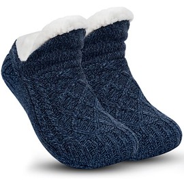Navy Blue Slipper Socks for Women Men Girls, Fluffy Warm Socks Knitted Thick Fleece Lined Grippers Non Slip Socks Soft Cozy Winter Home House Bed Floor Slipper Socks