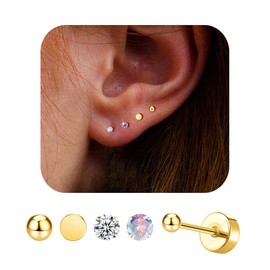 TUPMI 14K Gold Plated Small Stud Earrings for Men Women Stainless Steel CZ Cartilage FlatBack Nap Stud Earrings Set Ball Dot Hypoallergenic Tiny Earrings Piercing Studs 2MM