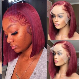 99J Burgundy Lace Front Wigs Human Hair Reddish Brown 13x4 Short Straight Bob Wig 180% Density HD Pre Plucked Glueless Lace Front Human Hair Wine Red bob wig Bleached Knots Natural Hairline 10Inch